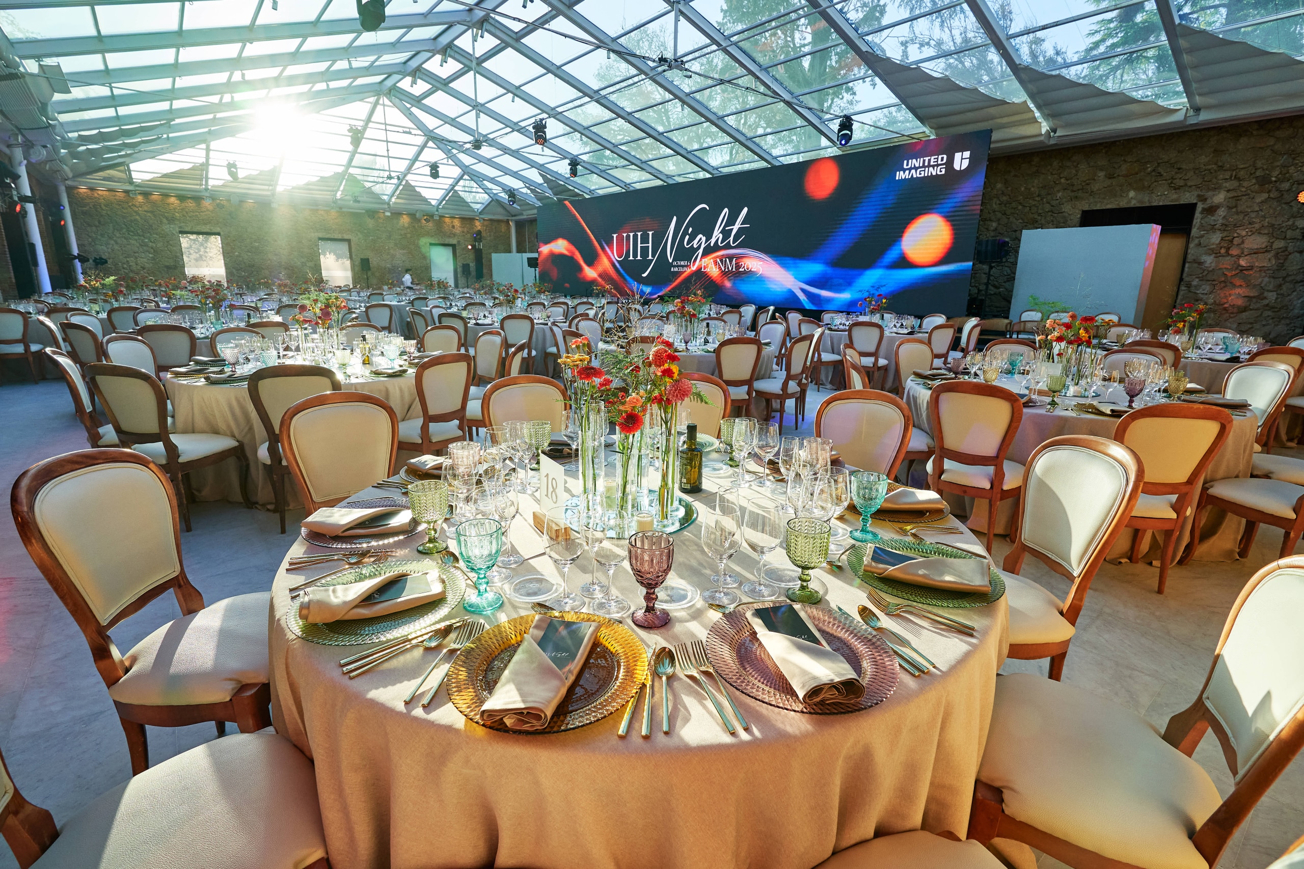 Gala dinner tables and United Imaging stage setup for 308 international guests in Barcelona