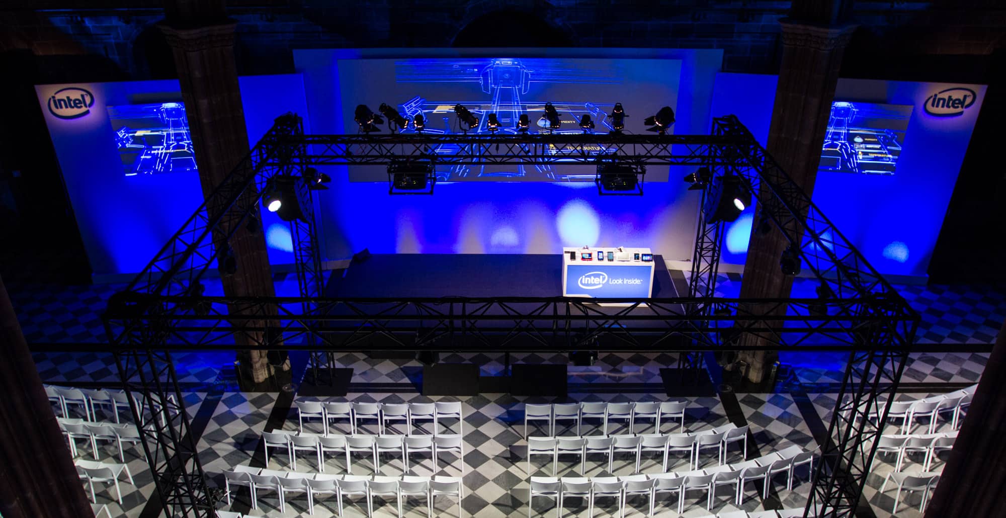 Stage and audience seating prepared for Intel's international press presentation in Barcelona