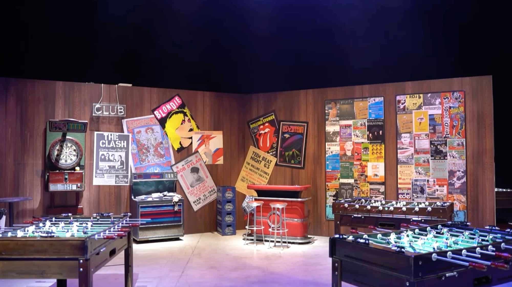 Rock-inspired scenography and branded decor created for Schibsted's corporate Christmas party